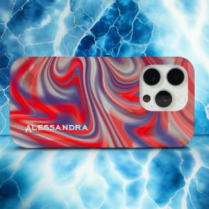 Marble monogram red blue grey abstract swirl iPhone 15 pro case