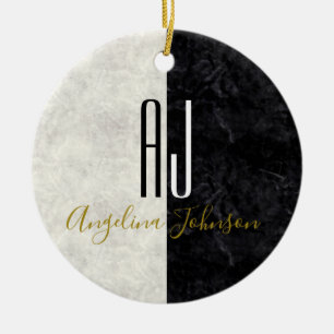 Marble Monogrammed Black and White Ceramic Ornament