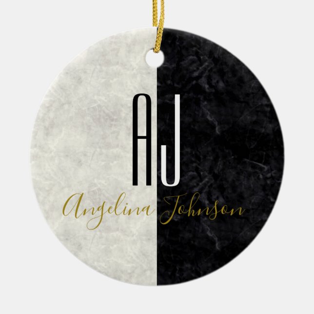 Marble Monogrammed Black and White Ceramic Ornament (Front)