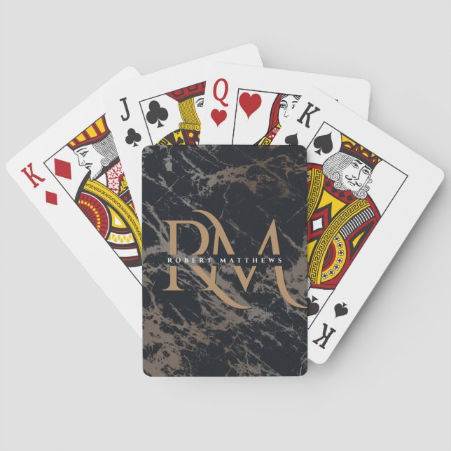 Marble Monogrammed Black Gold Initials Elegant Playing Cards (Back)