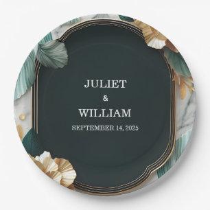 Marble Monstera Emerald Green And Gold Wedding Paper Plate