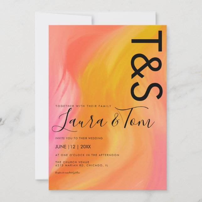 Marble Orange Pink Typography Abstract Wedding  Invitation (Front)