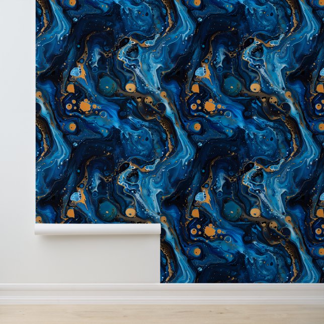Marble Paint Pour Effect Midnight Blue Gold Wallpaper (Application)