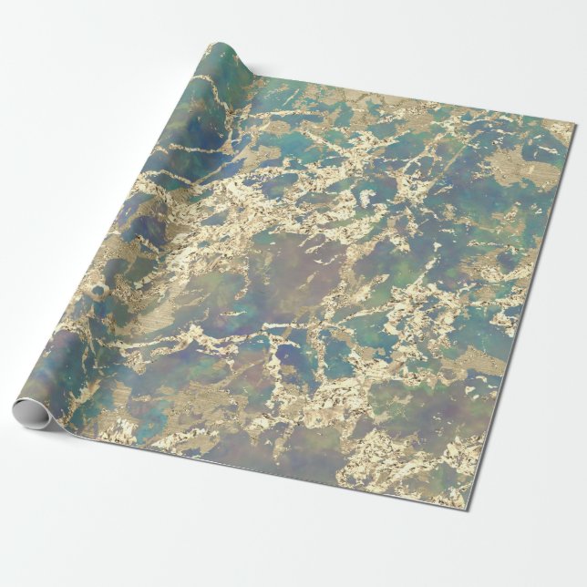 Marble Pastel Gold Blue Teal Strokes Gift Idea   Wrapping Paper (Unrolled)