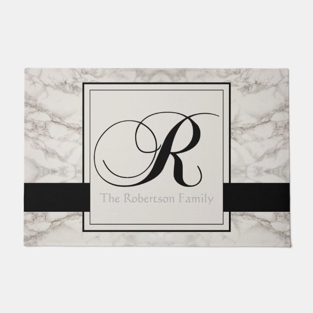 Marble Pattern Black Monogram R Add Name Elegant Doormat (Front)
