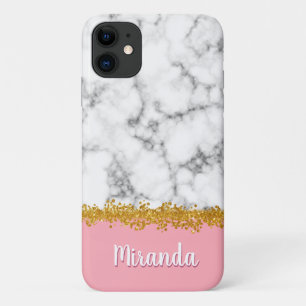 Marble Pattern on Pink with Gold Glitter iPhone 11 Case
