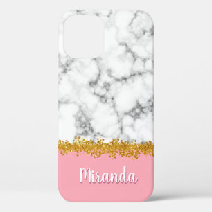 Marble Pattern on Pink with Gold Glitter iPhone 12 Case