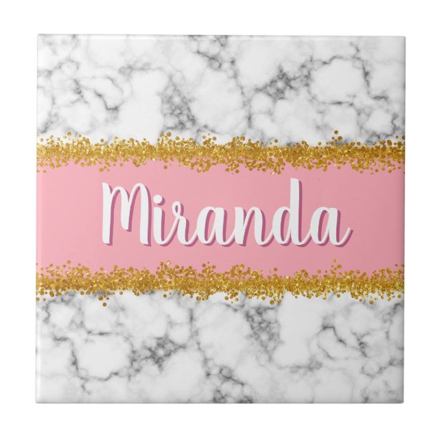 Marble Pattern on Pink with Gold Glitter Ceramic Tile (Front)