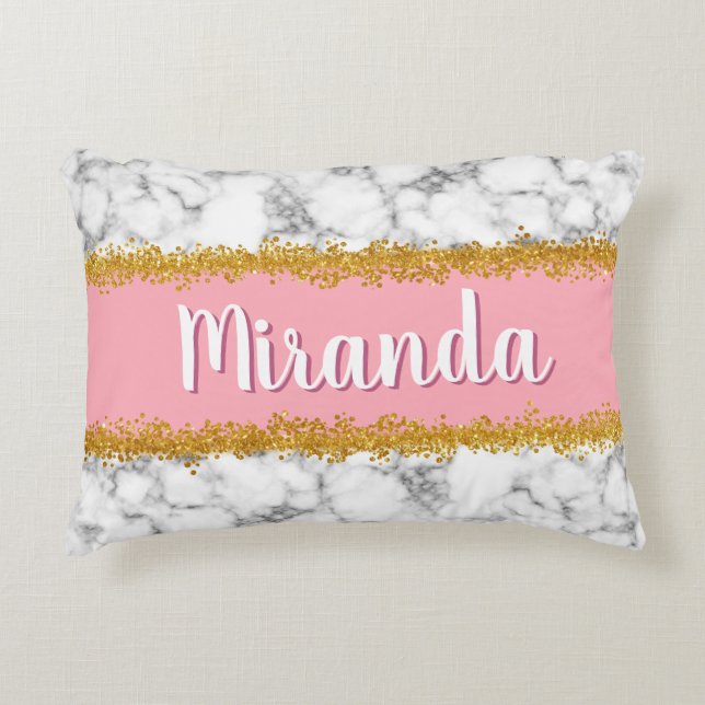 Marble Pattern on Pink with Gold Glitter Decorative Cushion (Front)