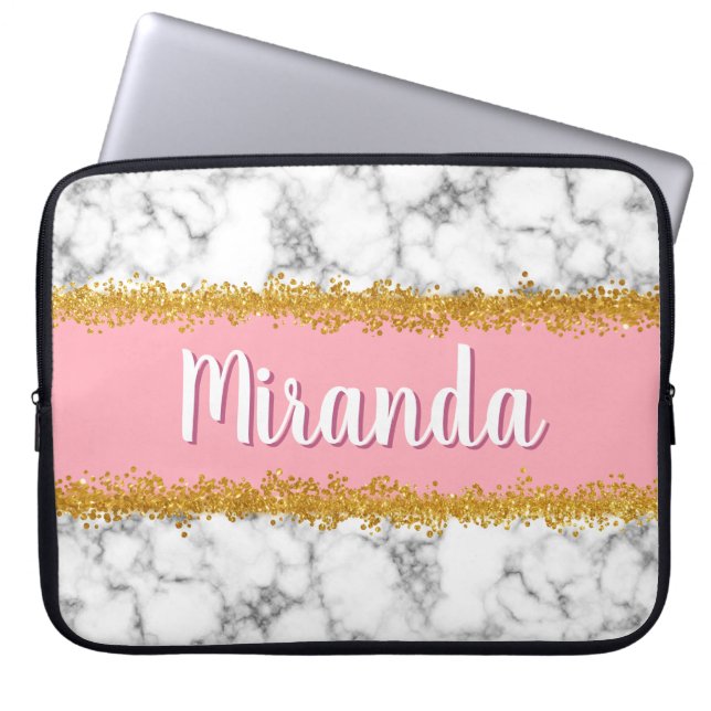 Marble Pattern on Pink with Gold Glitter Laptop Sleeve (Front)