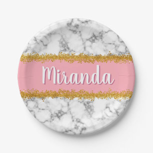 Marble Pattern on Pink with Gold Glitter Paper Plate