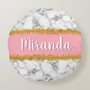 Marble Pattern on Pink with Gold Glitter Round Cushion