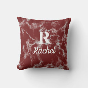 Marble Patterns Burgundy Red Monogram Initial Name Cushion