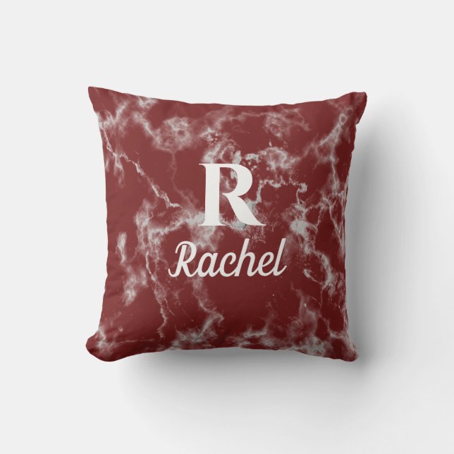 Marble Patterns Burgundy Red Monogram Initial Name Cushion (Front)