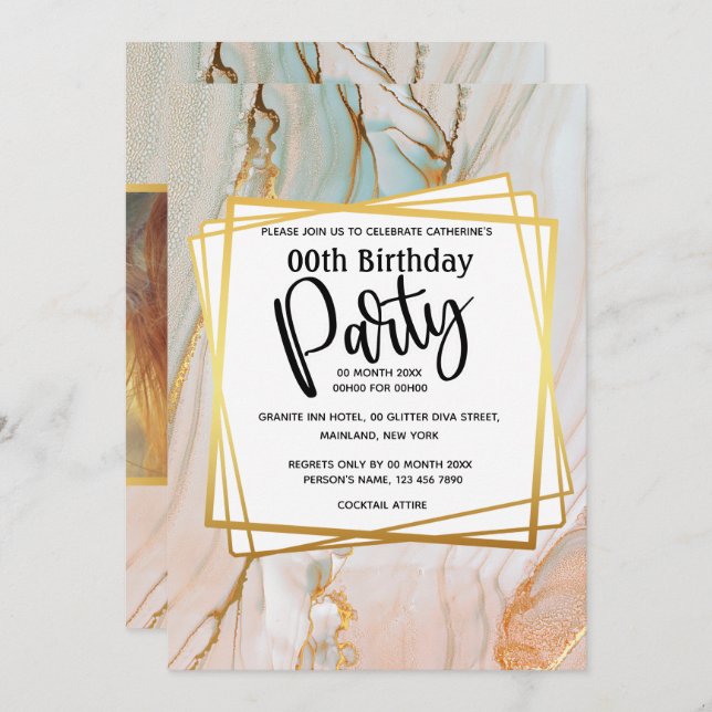 Marble peach gold granite geometric birthday party invitation (Front/Back)