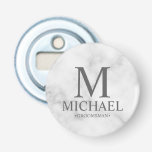 Marble Personalised Groomsman Name and Monogram Bottle Opener<br><div class="desc">Modern Black and White Personalised Groomsman Gifts featuring personalised monogram, groomsman's name and title in white classic serif font style on white marble background. Also perfect for Best Man, Father of the Bride and more. Please note: The marble details are simulated in the artwork. No actual marble will be used...</div>