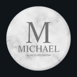 Marble Personalised Groomsman Name and Monogram Magnet<br><div class="desc">Modern Black and White Personalised Groomsman Gifts featuring personalised monogram, groomsman's name and title in grey classic serif font style on white marble background. Also perfect for Best Man, Father of the Bride and more. Please note: The marble details are simulated in the artwork. No actual marble will be used...</div>