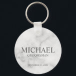 Marble Personalised Groomsman's Name and Monogram Key Ring<br><div class="desc">Modern Personalised Groomsman Gifts featuring personalised groomsman's name, title and wedding date in grey classic serif font style on white marble background. Also perfect for Best Man, Father of the Bride and more. Please note: The marble details are simulated in the artwork. No actual marble will be used in the...</div>