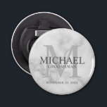 Marble Personalised Groomsmen's name and monogram Bottle Opener<br><div class="desc">Add a personal touch to your wedding with personalised groomsmen bottle opener. This bottle opener features personalised groomsman's name with title and wedding date in grey and monogram in light grey as background, in classic serif font style, on white marble background. Also perfect for best man, father of the bride,...</div>