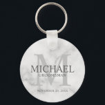 Marble Personalised Groomsmen's name and monogram Key Ring<br><div class="desc">Add a personal touch to your wedding with personalised groomsmen keychain. This keychain features personalised groomsman's name with title and wedding date in grey and monogram in light grey as background, in classic serif font style, on white marble background. Also perfect for best man, father of the bride, ring bearer...</div>
