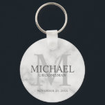Marble Personalised Groomsmen's name and monogram Key Ring<br><div class="desc">Add a personal touch to your wedding with personalised groomsmen keychain. This keychain features personalised groomsman's name with title and wedding date in grey and monogram in light grey as background, in classic serif font style, on white marble background. Also perfect for best man, father of the bride, ring bearer...</div>