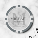 Marble Personalised Groomsmen's name&monogram Poker Chips<br><div class="desc">Add a personal touch to your wedding with personalised groomsmen poker chips. This design features personalised groomsman's name with title and wedding date in grey and monogram in light grey as background, in classic serif font style, on white marble background. Also perfect for best man, father of the bride and...</div>