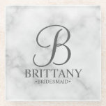 Marble Personalised Monogram and Name Bridesmaid Glass Coaster<br><div class="desc">Modern Personalised Bridesmaid Gifts
featuring personalised monogram in elegant script font style with bridesmaid's name and title in classic serif font style on white marble background.

Also perfect for maid of honour,  mother of the bride and more.</div>