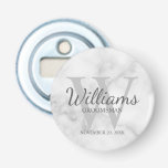 Marble Personalised Script Groomsmen Bottle Opener<br><div class="desc">Add a personal touch to your wedding with personalised groomsmen bottle opener. This bottle opener features personalised groomsman's name in grey classic script font style with wedding details in grey classic serif font style and monogram in light grey classic serif font style as background, on white marble background. Also perfect...</div>