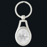 Marble Personalised Script Groomsmen Key Ring<br><div class="desc">Add a personal touch to your wedding with personalised groomsmen keychain. This keychain features personalised groomsman's name in grey classic script font style with wedding details in grey classic serif font style and monogram in light grey classic serif font style as background, on white marble background. Also perfect for best...</div>