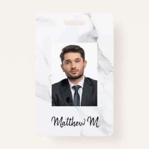 Marble photo name minimalist white grey ID badge