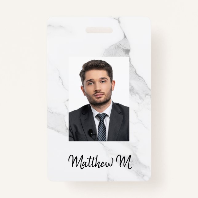 Marble photo name minimalist white grey ID badge (Front)