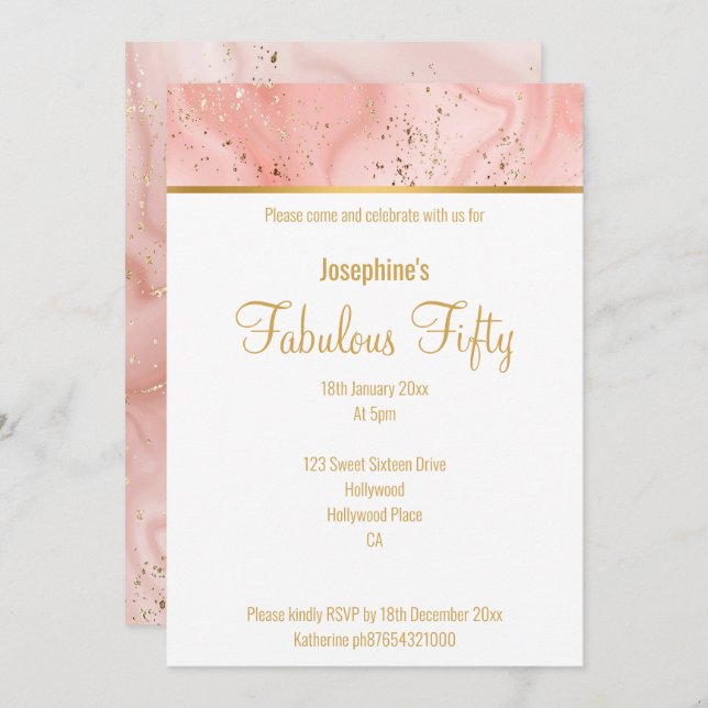 MARBLE PINK ABSTRACT GOLD CUSTOM INVITATION (Front/Back)