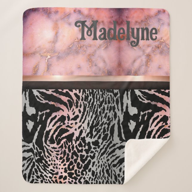 Marble Pink Chic Tiger Safari Print Customised    Sherpa Blanket (Front)