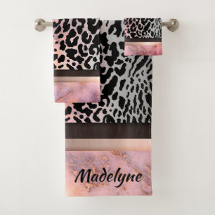 Marble Pink Chic Tiger Safari Print Personalised Bath Towel Set