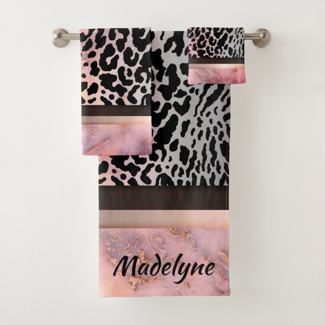 Marble Pink Chic Tiger Safari Print Personalised Bath Towel Set (Insitu)