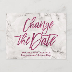 Marble Pink glitter script change the date Announcement Postcard