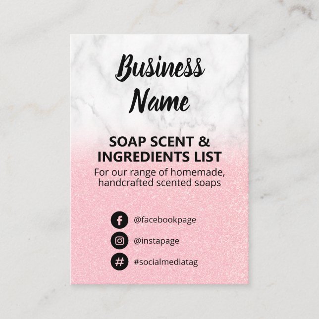 Marble & Pink Glitter Soap Scent Ingredients List Business Card (Front)