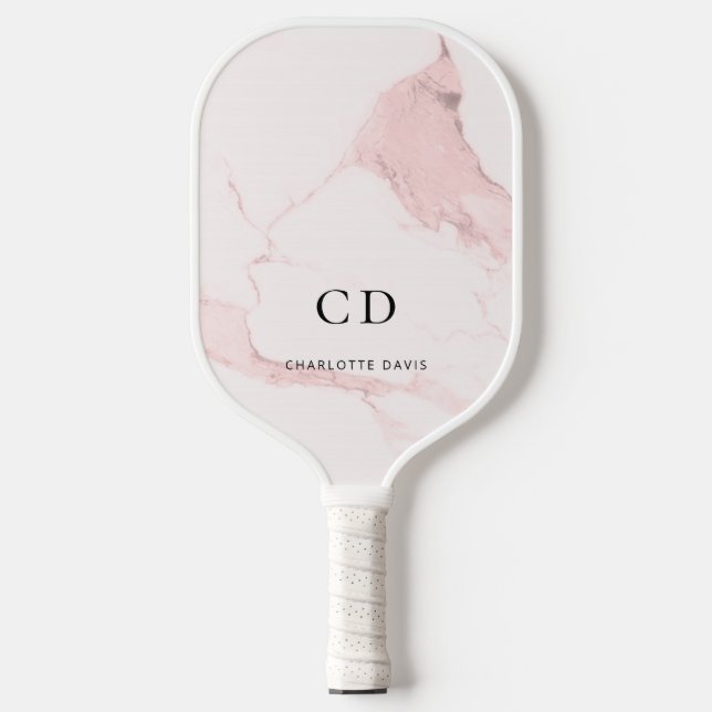 Marble pink monogram initials name pickleball paddle (Front)