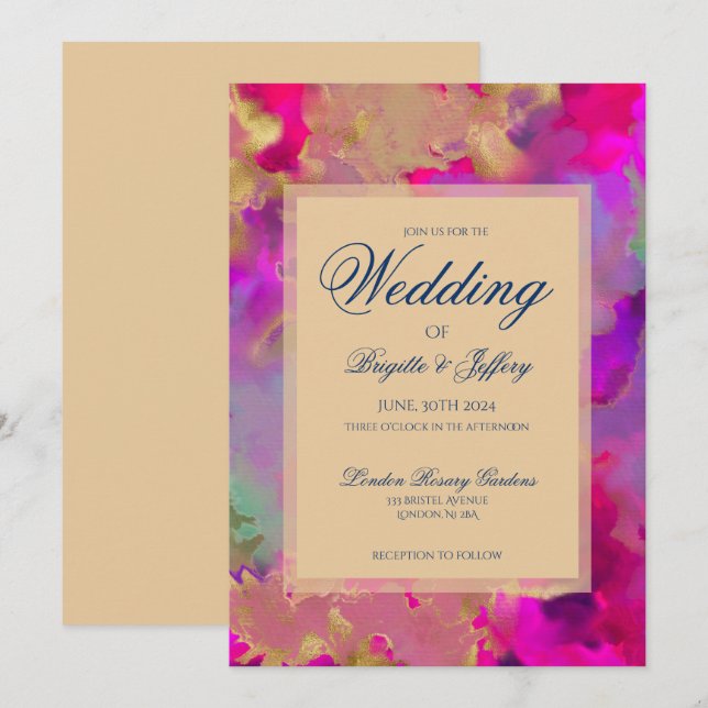 Marble pink, purple blue ink wedding invitations  (Front/Back)