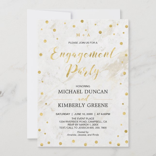 Marble & Polka dot | Modern Gold Engagement Party Invitation (Front)