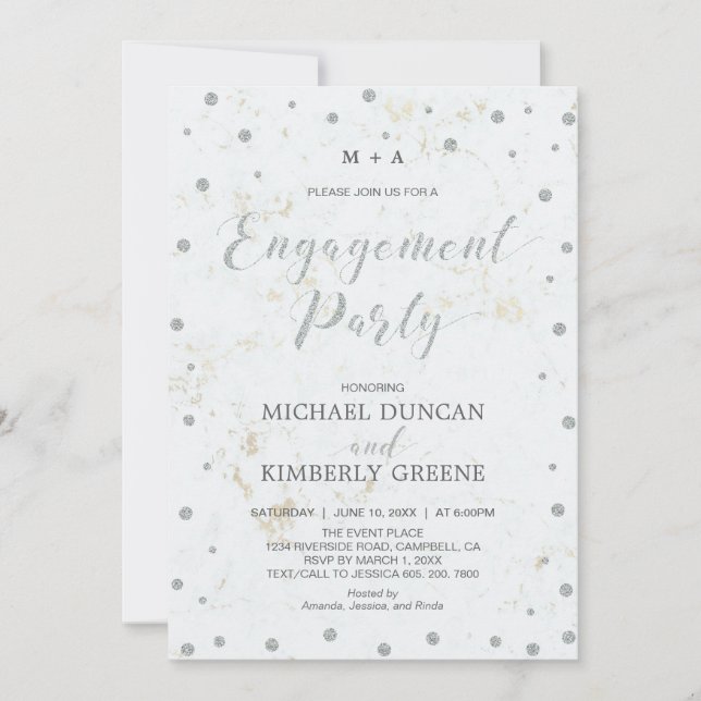 Marble & Polka dot | Silver Engagement Party Invitation (Front)