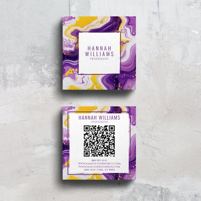 Marble Purple Yellow Agate QR Code Liquid Square Square Business Card (Creator Uploaded)