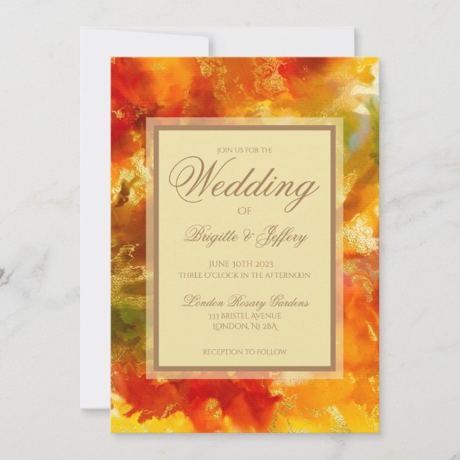 Marble red, orange, gold, wedding save the date (Front)