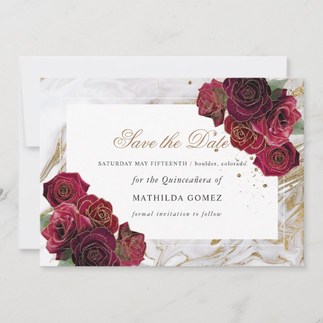 Marble Red Roses Quinceañera save the date  Invitation (Front)