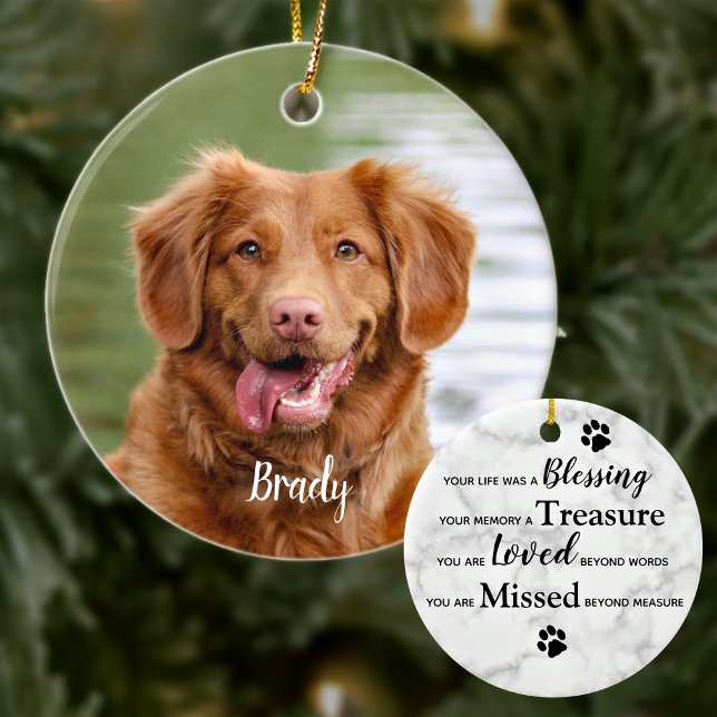 Marble Remembrance Quote Dog Photo Pet Memorial Ceramic Ornament (Creator Uploaded)