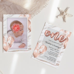 Marble Rose Gold Balloons First Birthday Girl Invitation