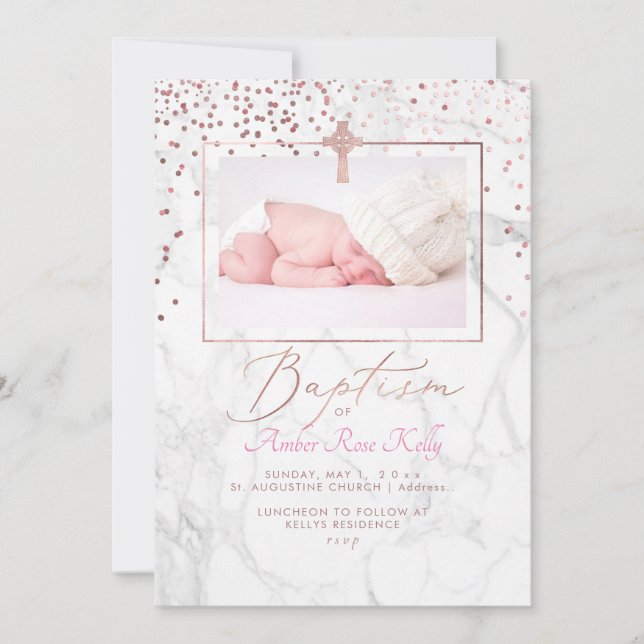 Marble Rose Gold Celtic Cross+Confetti Baptism Invitation (Front)
