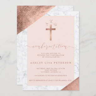 Marble rose gold cross pink monogram confirmation invitation