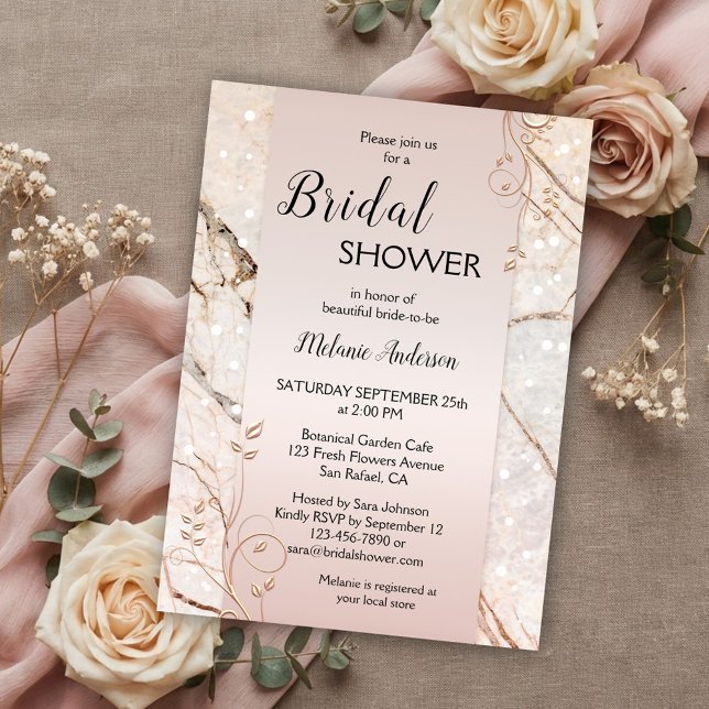 Marble Rose Gold Floral Bridal Shower Invitation (Bridal shower invitation featuring rose gold floral swirls on a blush pink with marble background)