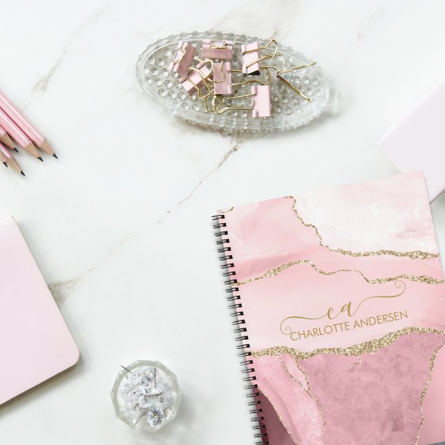 Marble Rose Gold Glitter Script Monogram  Notebook (Creator Uploaded)